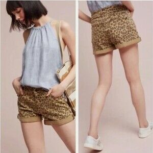 Pilcro Letterpress Anthropologie Leopard Print Hyphen High-Rise 5-Pocket Shorts